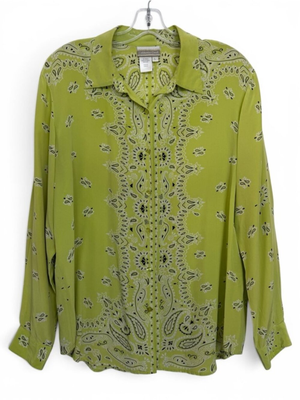 Vintage Silk Western Bandana Paisley Shirt Size Large Lime Green 90s Y2K - Picture 1 of 6